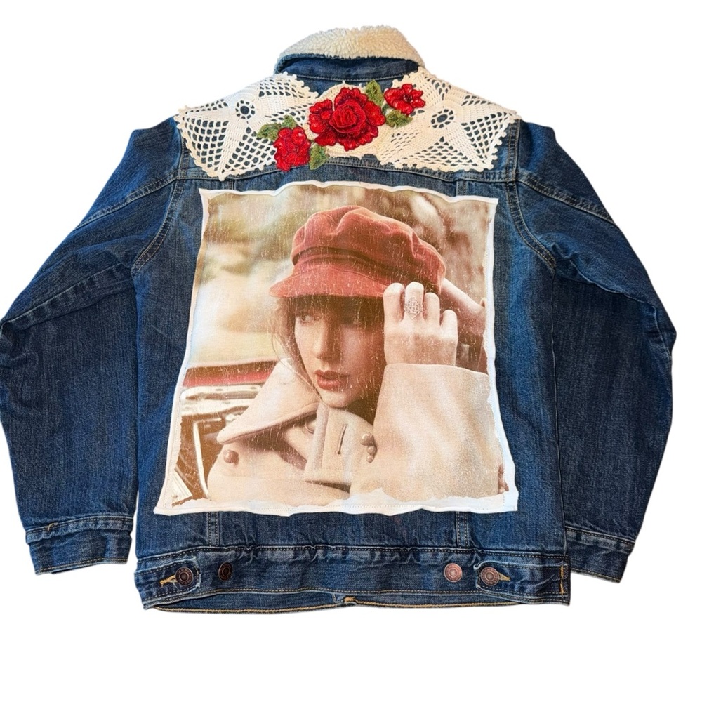 Upcycled Old Navy Sherpa Lined Denim Jacket Taylor Swift Youth Size 14 Swiftie